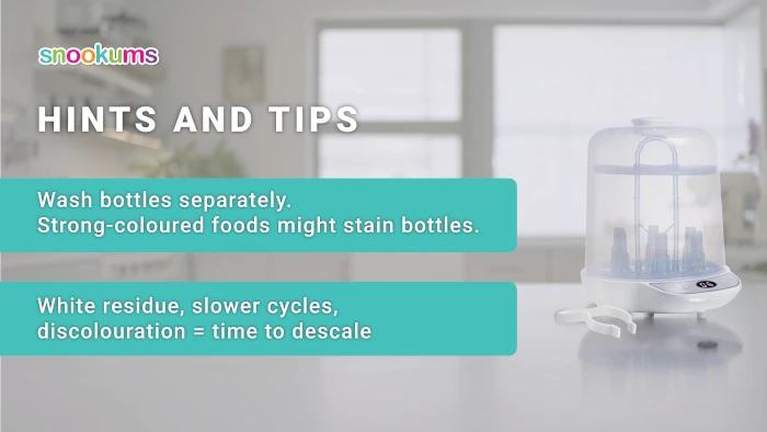 Snookums electric steam steriliser with bottle care hints and tips, including washing bottles separately and descaling when white residue or slower cycles occur.